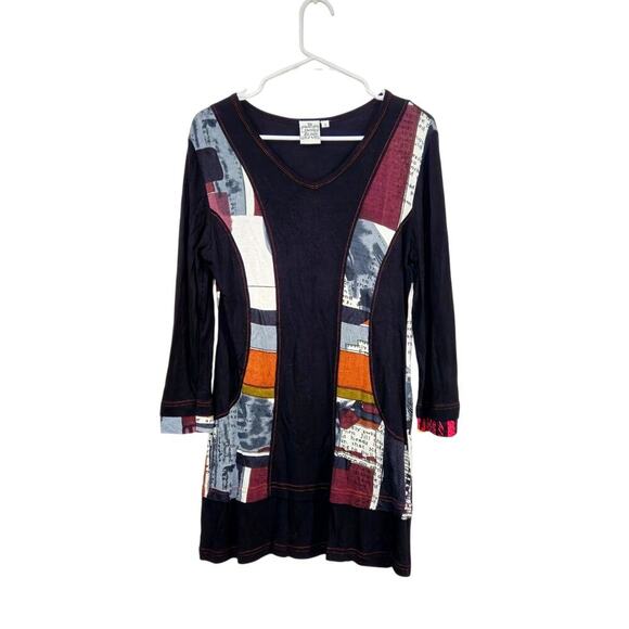 Parsley & Sage Patchwork Mixed-Media Tunic Top V-Neck 3/4 Sleeve Size Small - Picture 1 of 7
